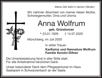 Traueranzeige von Anna Wolfrum von Frankenpost