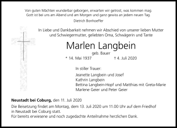 Traueranzeige von Marlen Langbein von Neue Presse Coburg