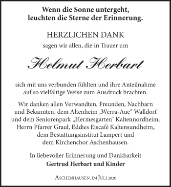 Traueranzeige von Helmut Herbart von Südthüringer Presse