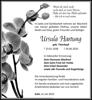 Traueranzeige von Ursula Hartung von Südthüringer Presse