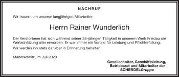 Traueranzeige von Rainer Wunderlich von Frankenpost
