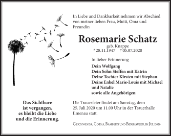 Traueranzeige von Rosemarie Schatz von Südthüringer Presse