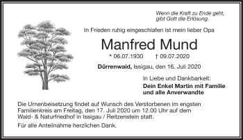 Traueranzeige von Manfred Mund von Frankenpost