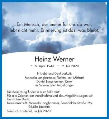 Traueranzeige von Heinz Werner von Südthüringer Presse