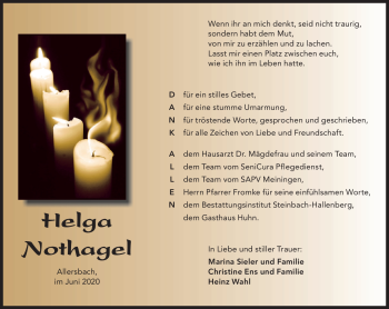 Traueranzeige von Helga Nothagel von Südthüringer Presse