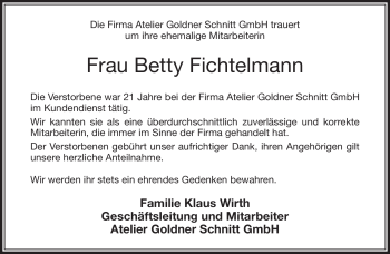 Traueranzeige von Betty Fichtelmann von Frankenpost
