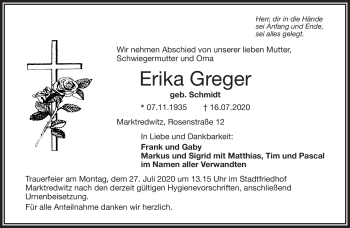 Traueranzeige von Erika Greger von Frankenpost