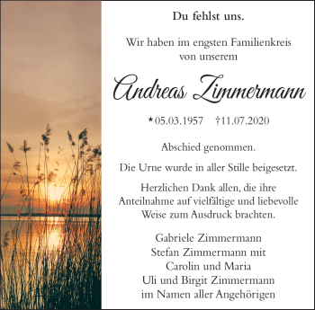 Traueranzeige von Andreas Zimmermann von Südthüringer Presse