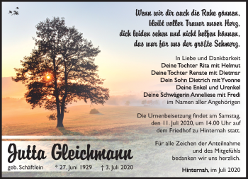 Traueranzeige von Jutta Gleichmann von Südthüringer Presse