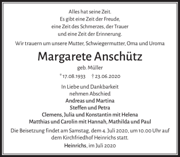 Traueranzeige von Margarete Anschütz von Südthüringer Presse