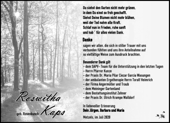 Traueranzeige von Roswitha Kaps von Südthüringer Presse