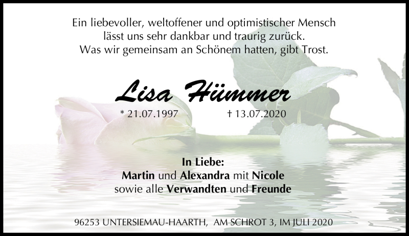  Traueranzeige für Lisa Hümmer vom 15.07.2020 aus Neue Presse Coburg