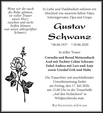 Traueranzeige von Gustav Schwanz von Südthüringer Presse