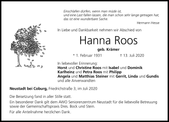 Traueranzeige von Hanna Roos von Neue Presse Coburg