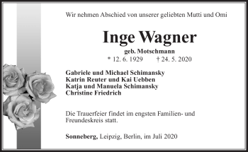 Traueranzeige von Inge Wagner von Südthüringer Presse