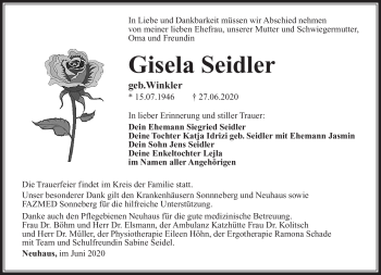 Traueranzeige von Gisela Seidler von Südthüringer Presse