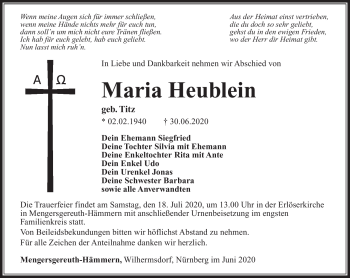 Traueranzeige von Maria Heublein von Südthüringer Presse