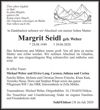 Traueranzeige von Margit Seidl von Südthüringer Presse