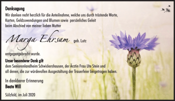 Traueranzeige von Marga Ehrsam von Südthüringer Presse