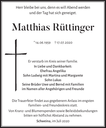 Traueranzeige von Matthias Rüttinger von Südthüringer Presse