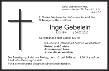 Traueranzeige von Inge Gebelein von Frankenpost