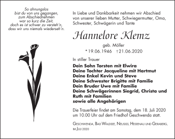 Traueranzeige von Hannelore Klemz von Südthüringer Presse