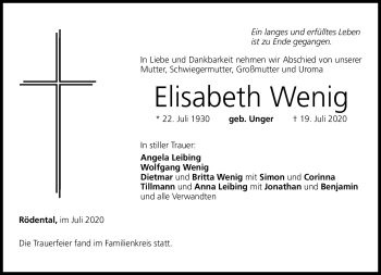 Traueranzeige von Elisabeth Wenig von Neue Presse Coburg