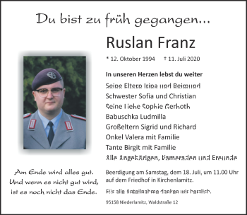 Traueranzeige von Ruslan (Russi)  Franz von Frankenpost
