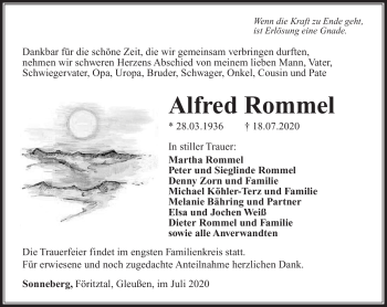 Traueranzeige von Alfred Rommel von Südthüringer Presse