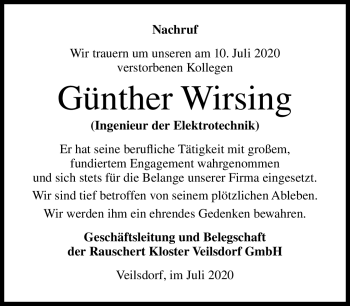 Traueranzeige von Günther Wirsing von Südthüringer Presse