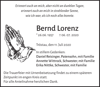 Traueranzeige von Bernd Lorenz von Frankenpost