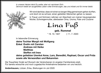 Traueranzeige von Lina Fuß von Südthüringer Presse