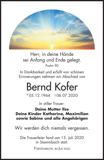 Traueranzeige von Bernd Kofer von Frankenpost