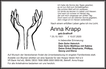 Traueranzeige von Anna Krapp von Frankenpost