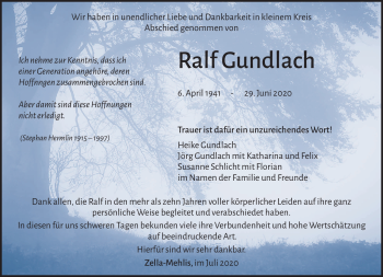 Traueranzeige von Ralf Gundlach von Südthüringer Presse