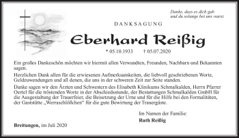 Traueranzeige von Eberhard Reißig von Südthüringer Presse
