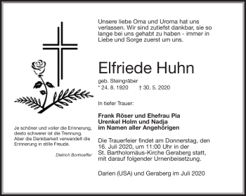 Traueranzeige von Elfriede Huhn von Südthüringer Presse