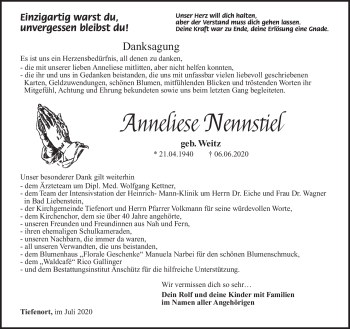 Traueranzeige von Anneliese Nennstiel von Südthüringer Presse