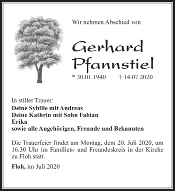 Traueranzeige von Gerhard Pfannstiel von Südthüringer Presse