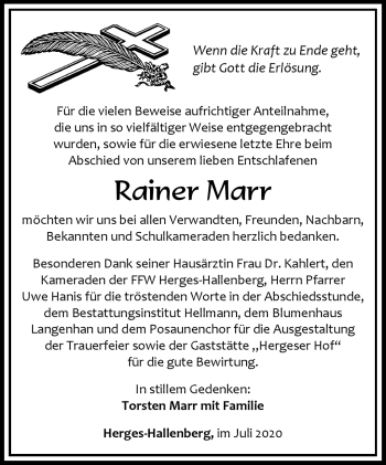 Traueranzeige von Rainer Marr von Südthüringer Presse
