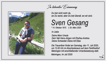 Traueranzeige von Sven Gesang von Südthüringer Presse