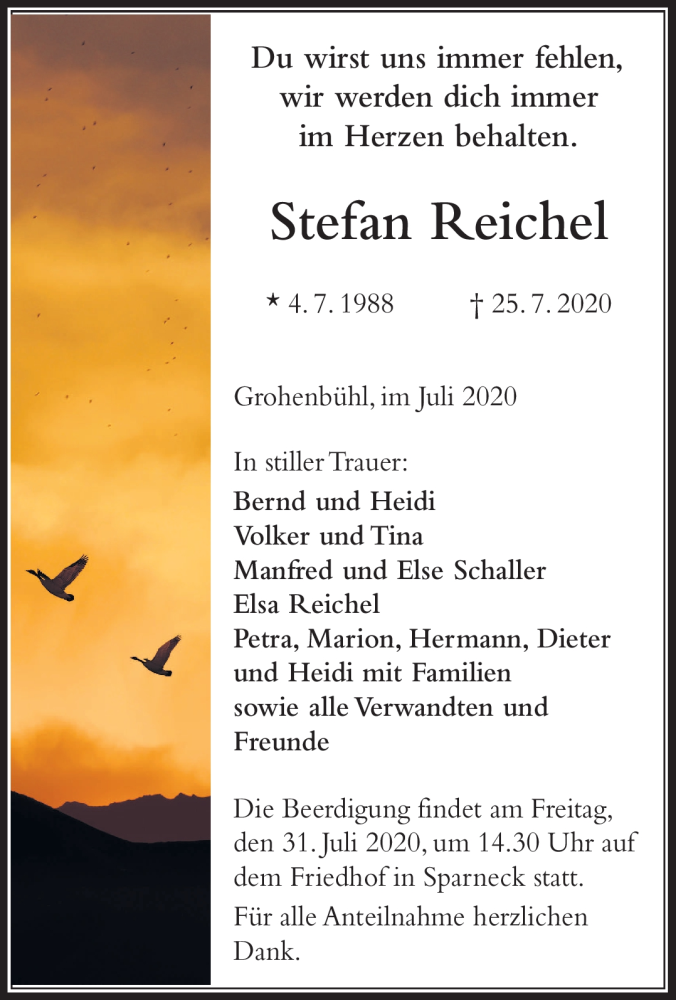  Traueranzeige für Stefan Reichel vom 30.07.2020 aus Frankenpost