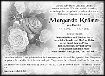 Traueranzeige von Margarete Krämer von Südthüringer Presse