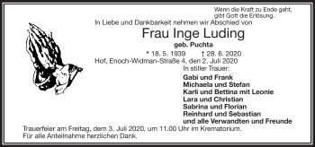Traueranzeige von Inge Luding von Frankenpost