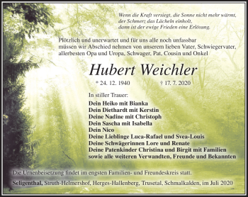 Traueranzeige von Hubert Weichler von Südthüringer Presse