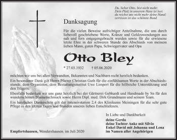 Traueranzeige von Oto Bley von Südthüringer Presse