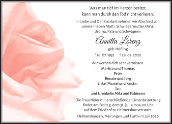 Traueranzeige von Annitta Lornez von Südthüringer Presse