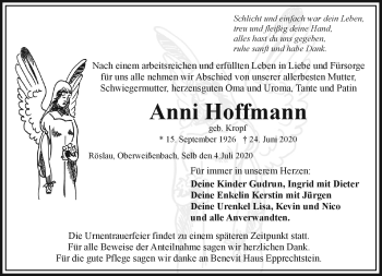 Traueranzeige von Anni Hoffmann von Frankenpost