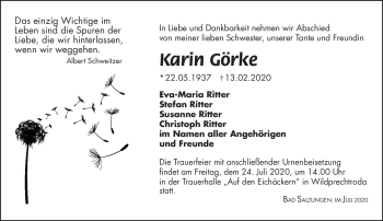 Traueranzeige von Karin Görke von Südthüringer Presse