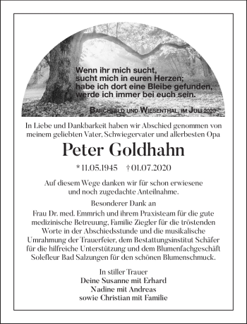 Traueranzeige von Peter Goldhahn von Südthüringer Presse